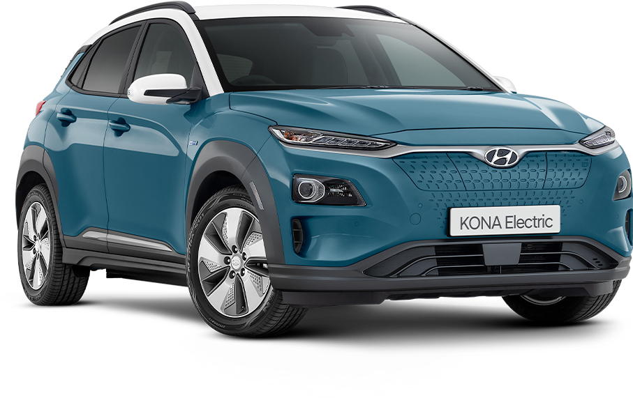 藍色現代Kona電動車 壁紙 — 一輛時尚的藍綠色Hyundai Kona Electric SUV在黑色背景下的攝影棚燈光中展示。
