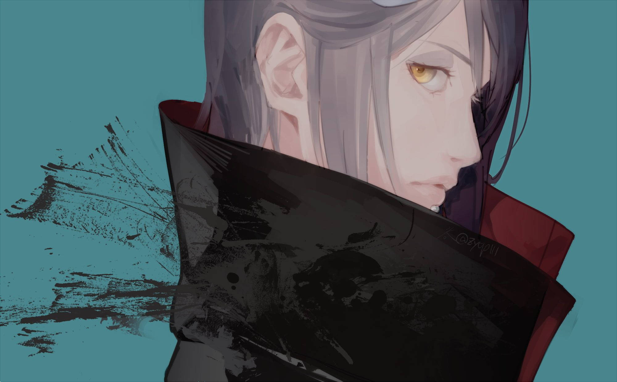 動畫頭像 Konan 壁紙 — 一個憂鬱的動漫女孩，灰色頭髮和金色眼睛，在帶有墨水飛濺的青色背景前，從深色斗篷後面窺視。