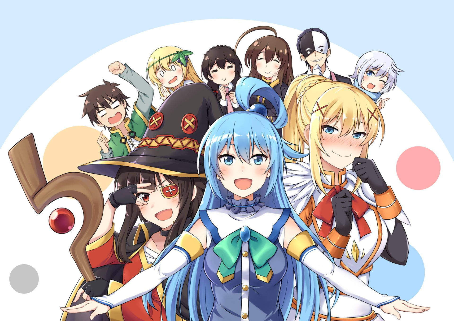 認識《KonoSuba》這支異類冒險隊！ 壁紙 — 一群充滿活力的動畫角色，穿著色彩繽紛的奇幻服裝，在柔和的粉彩背景前一起擺姿勢。
