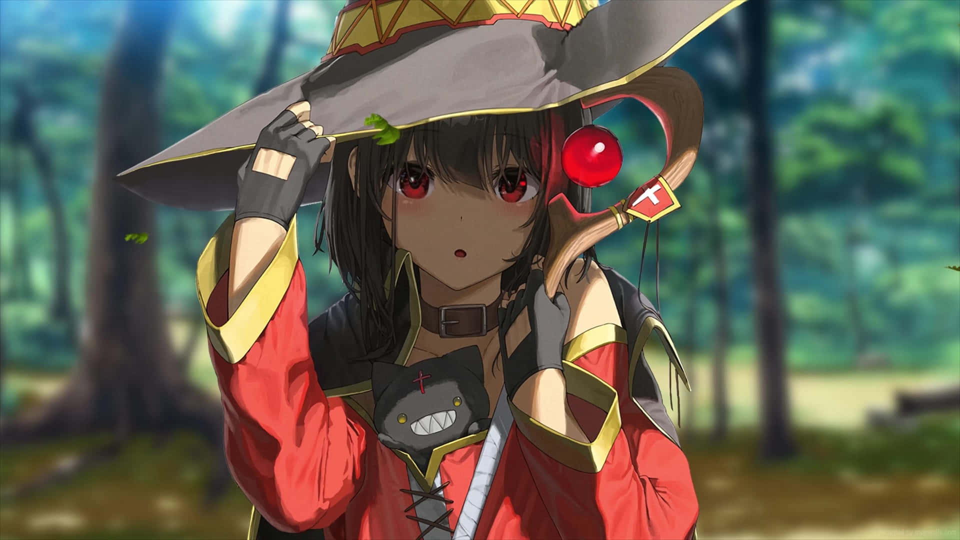 動漫女巫在森林中手持帶有紅色球體的魔法杖。