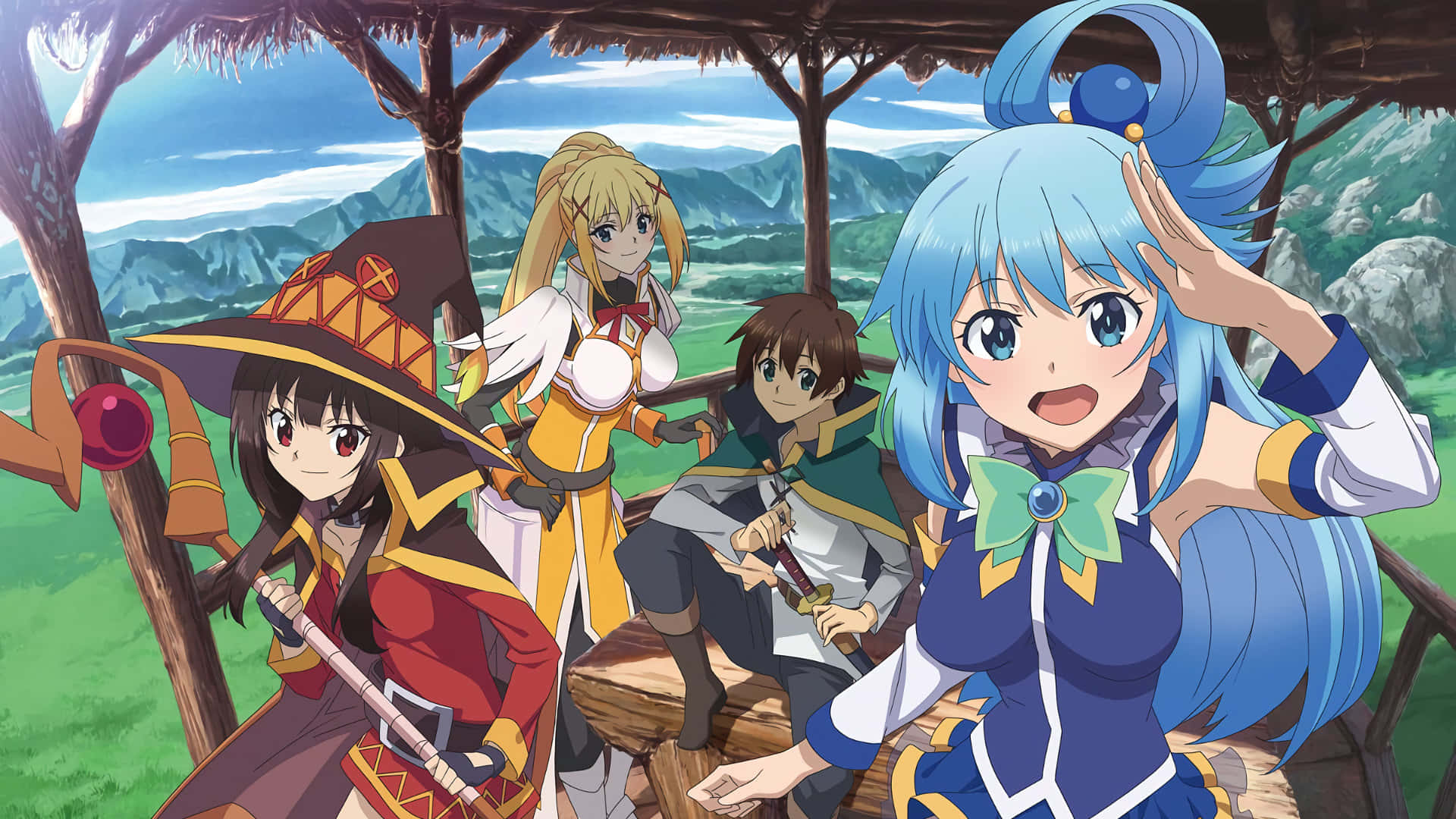 《KonoSuba》動畫角色圖像 壁紙 — 四個動漫角色穿著奇幻服裝，在一個俯瞰山谷的木製涼亭下愉快地擺姿勢。