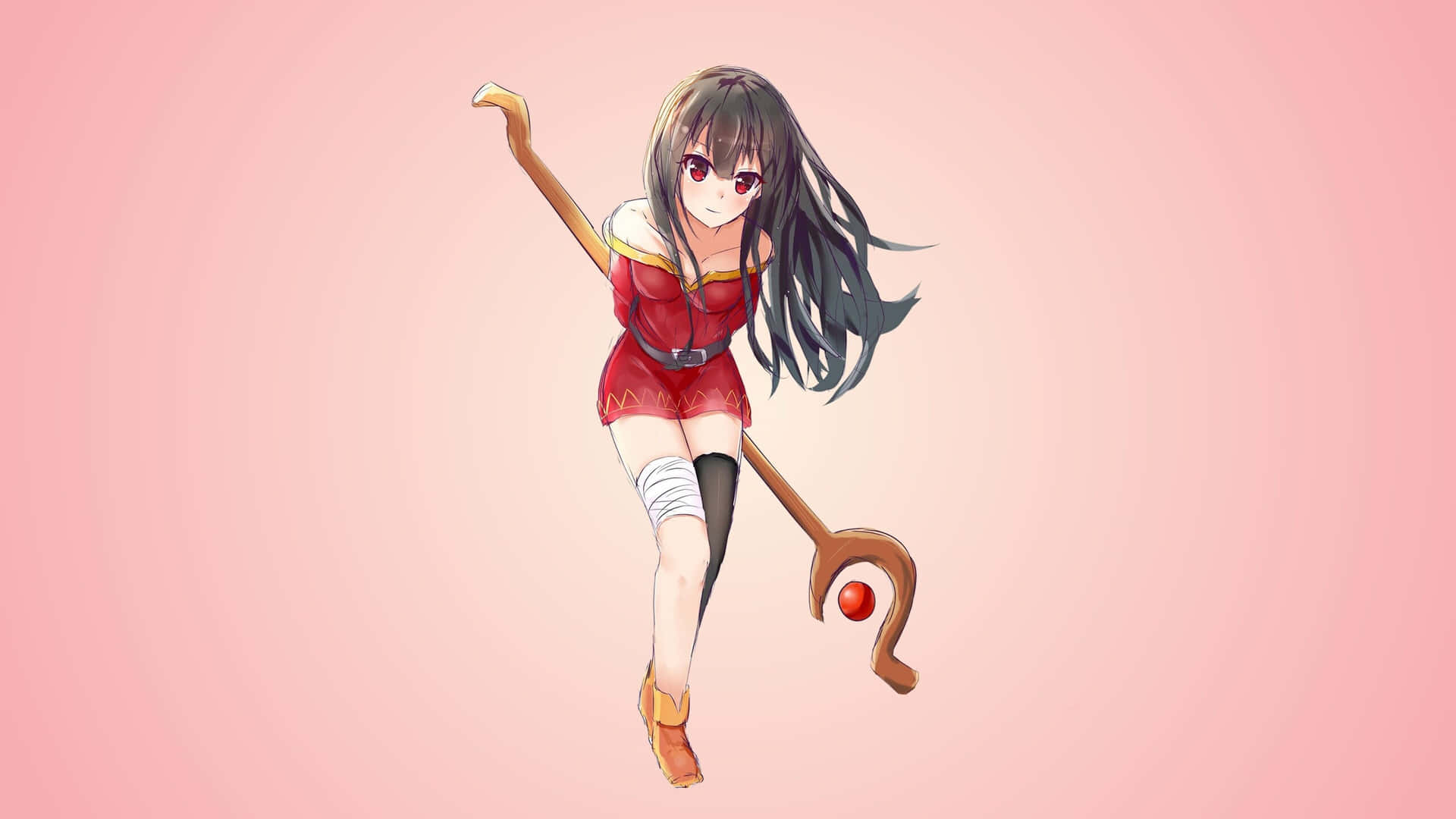 紅衣動漫女孩在粉紅背景上手持彎曲法杖跳躍。