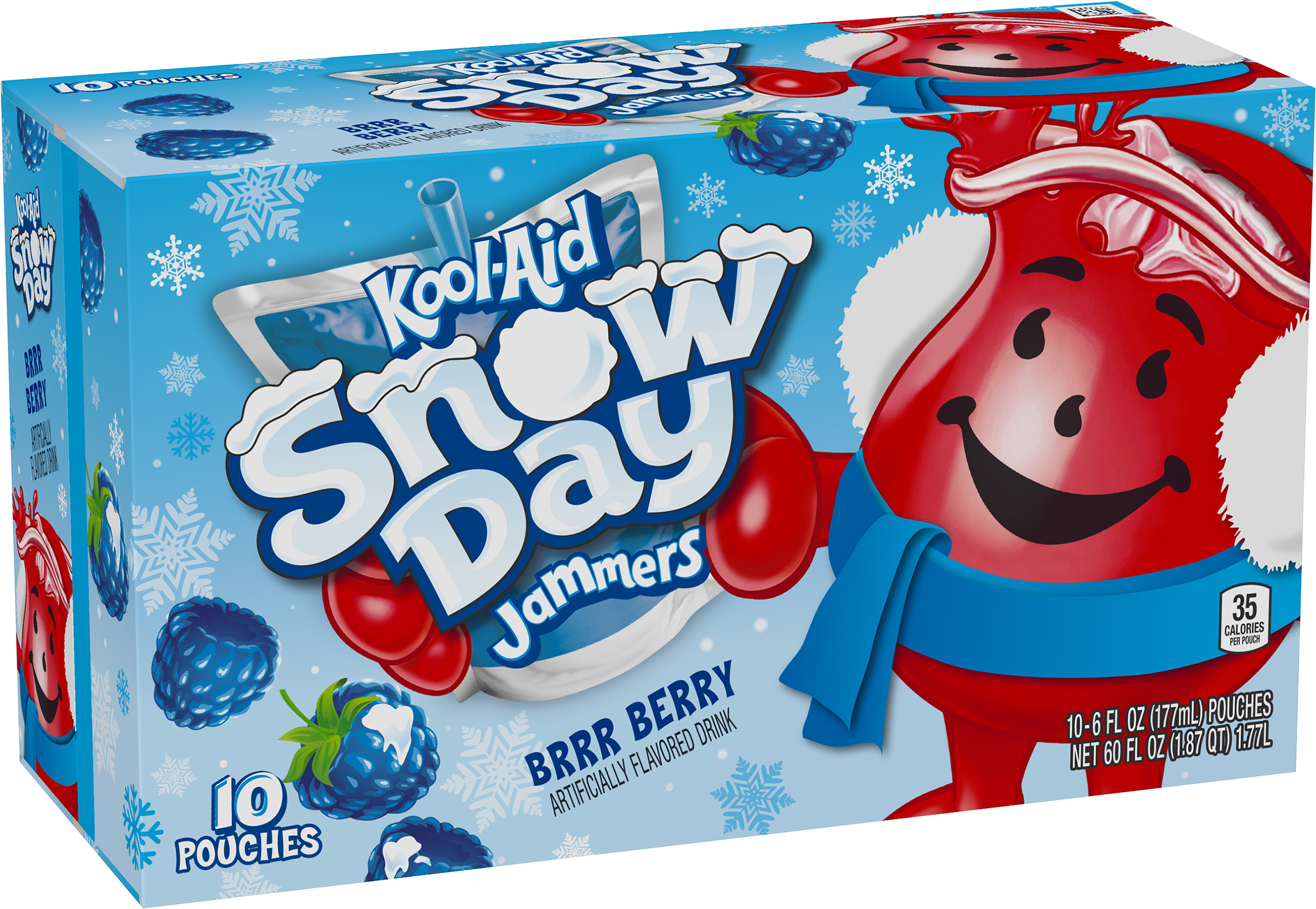 Kool-Aid 雪天冰棒 Brrr 草莓口味 壁紙 — 一個節日藍色盒子，內有Kool-Aid Snow Day Jammers BRRR Berry飲料包，上面有一個戴著冬帽和圍巾的開心紅色吉祥物。