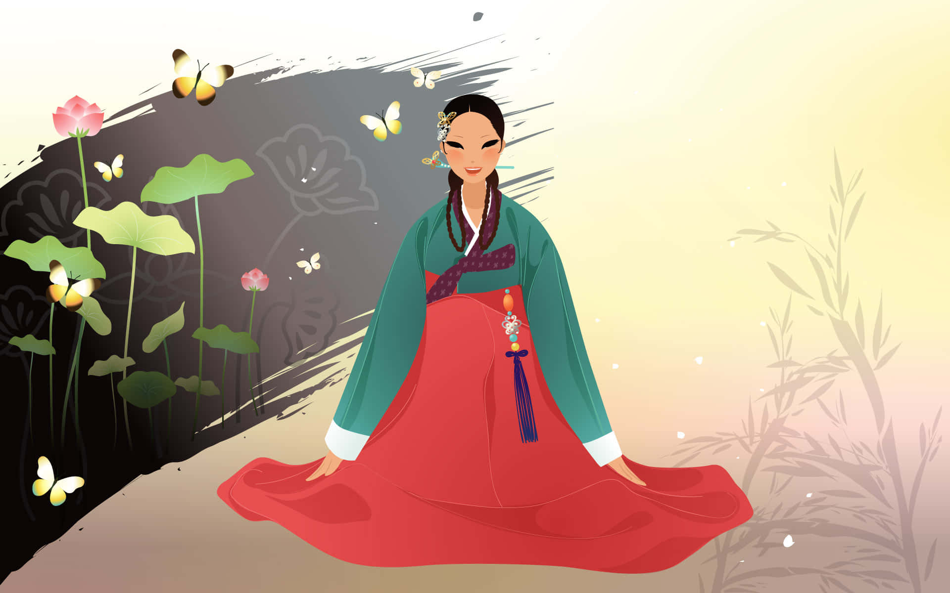 穿著傳統韓國韓服的女士坐在蓮花植物旁，蝴蝶飛舞