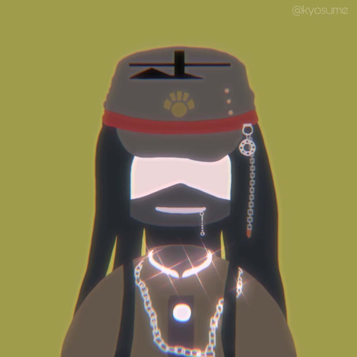 Korekiyo Shinguji 的預設頭像風格 壁紙 — 一個風格化的動漫角色，戴著發光的珠寶和帽子，背景是純橄欖綠色。