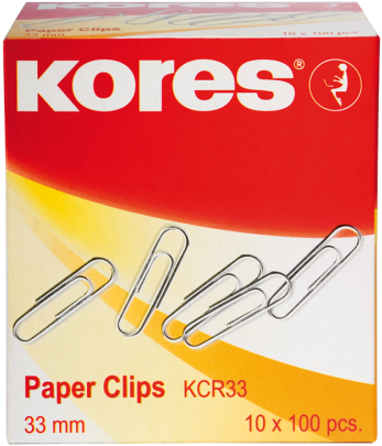 Kores 33mm 紙夾包裝 壁紙 — 一個紅色和黃色的Kores品牌萬字夾盒，正面顯示銀色金屬夾。