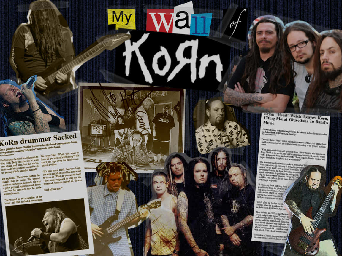 Korn 樂隊拼貼，包含照片、結他和新聞剪報，背景為牛仔布。 — Metallica GIF 壁紙