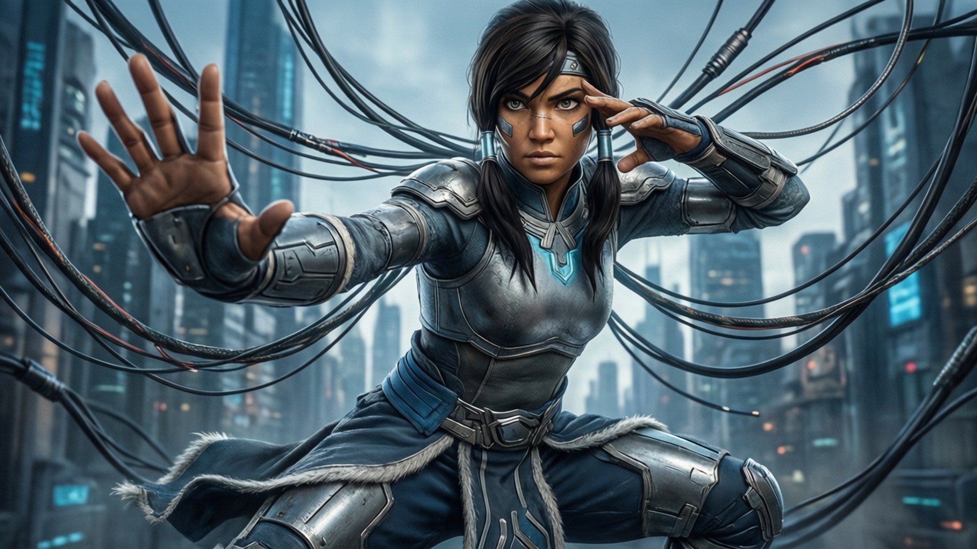 Korra Metalbending Action 壁紙 — 一名身穿金屬盔甲的網絡戰士，在未來城市景觀中蓄勢待發，周圍環繞著旋轉的電纜和發光的藍色點綴。
