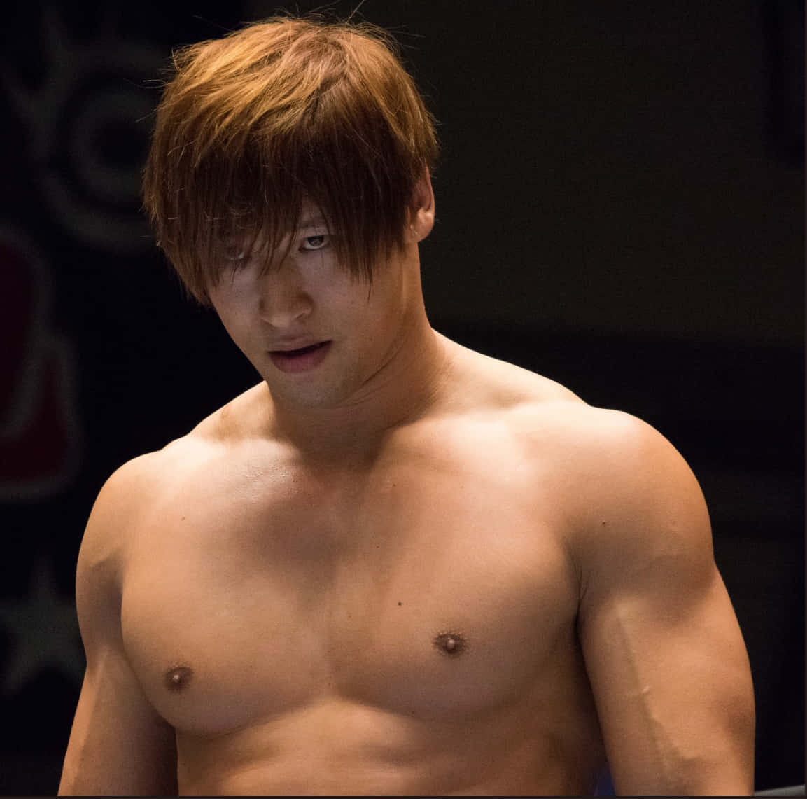 赤裸上身職業摔角手 Kota Ibushi 精彩肖像 壁紙 — 一個赤膊肌肉男，凌亂的棕色頭髮，在黑暗背景下強烈凝視。