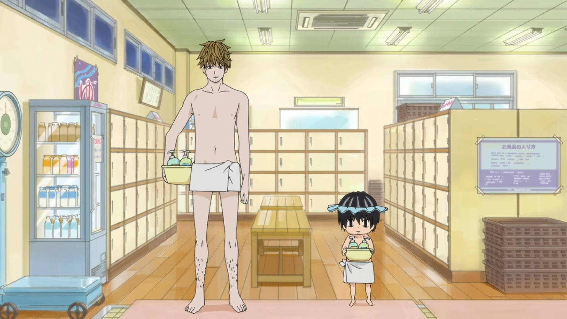 動畫男孩和女孩裹著毛巾在學校更衣室裡拿著碗。