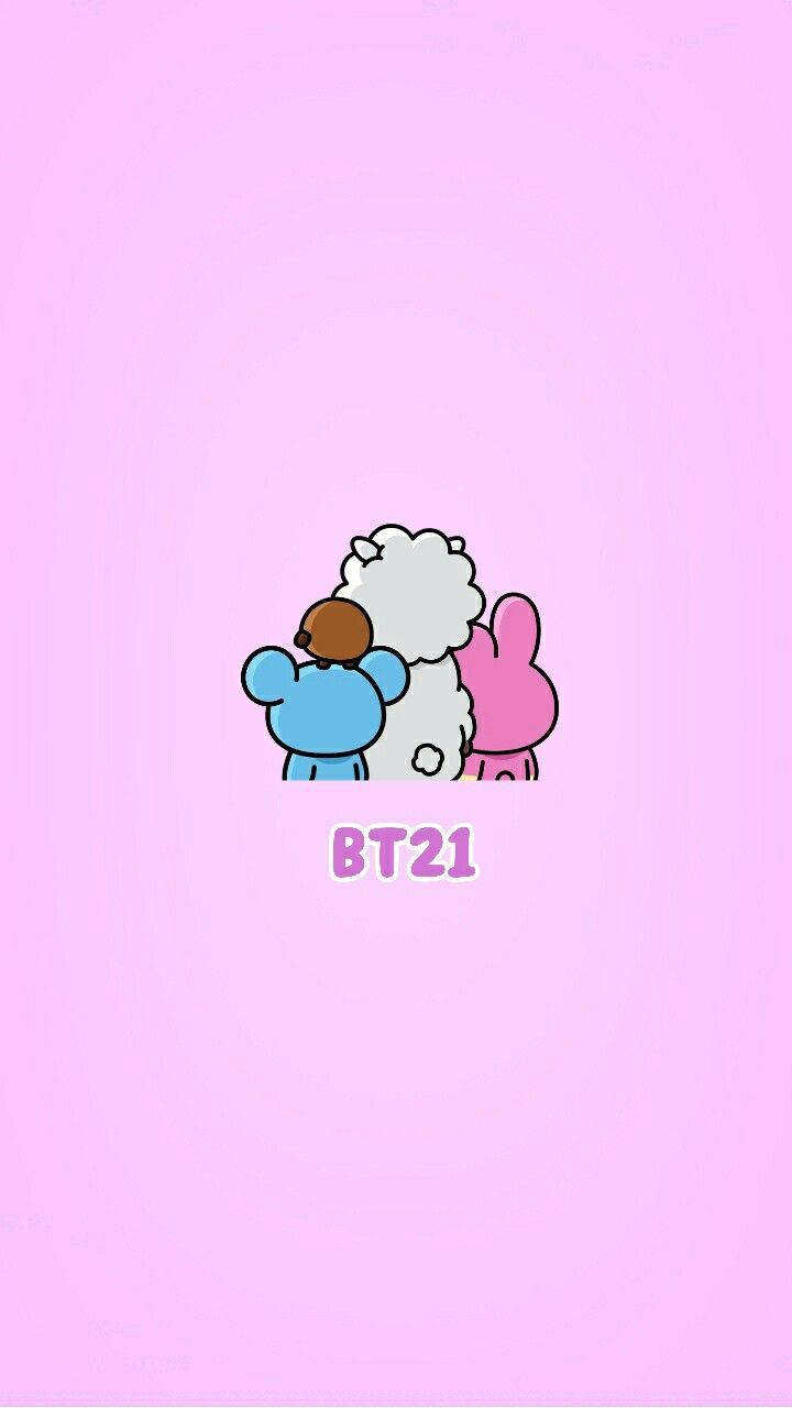 三個BT21角色在粉紅色背景上擁抱。