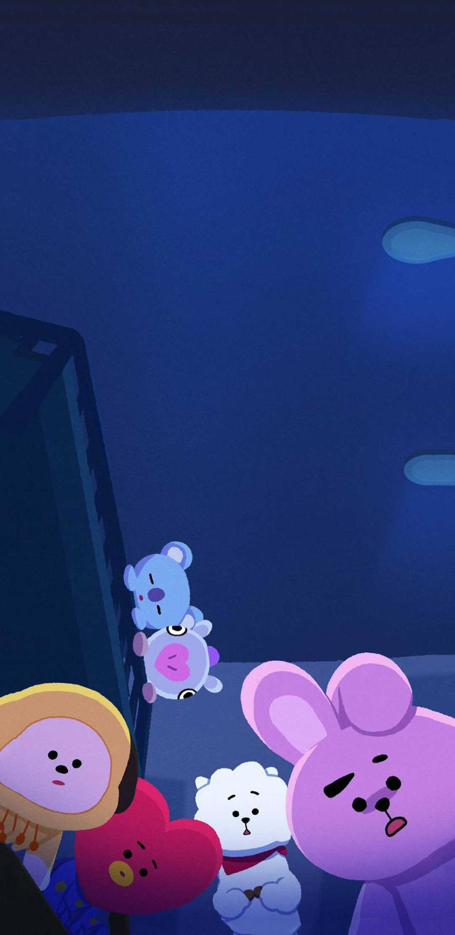 五隻卡通動物漂浮在深藍色夜空，靠近建築物。