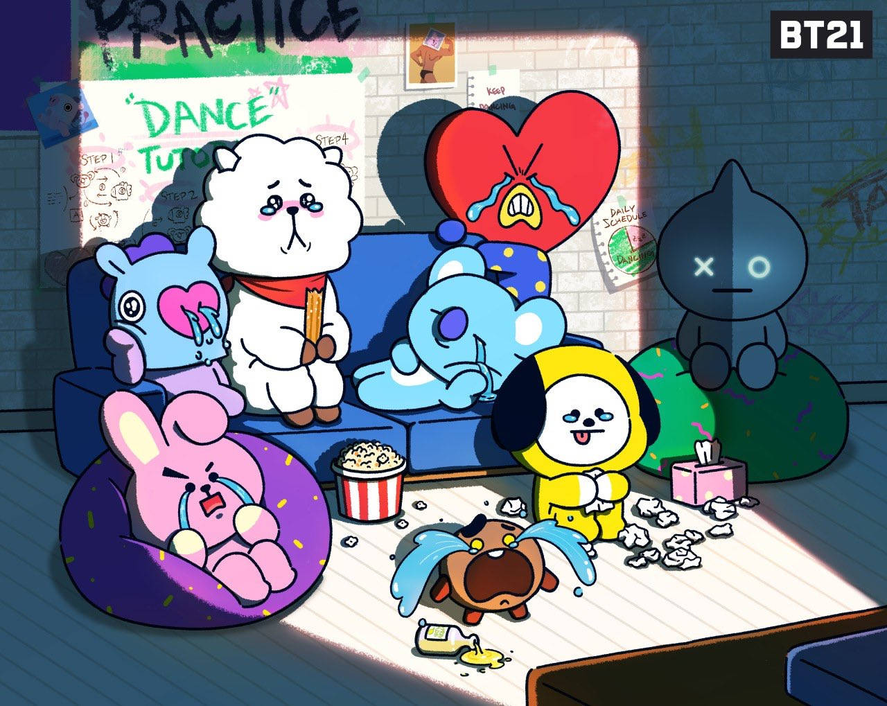 BT21角色在凌亂的房間裡，伴隨著灑出的爆米花和破碎的心海報哭泣。