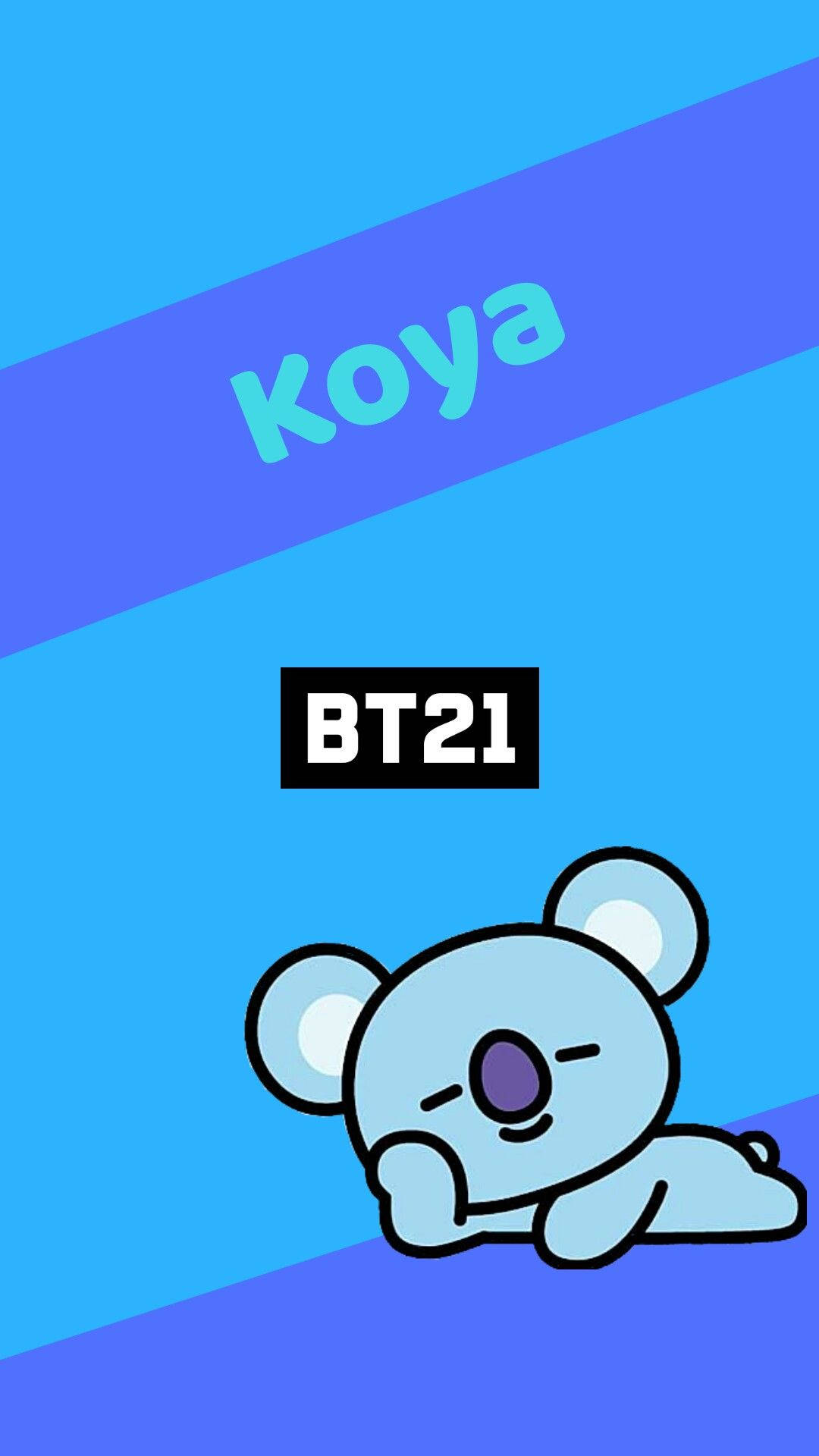 漸變背景上的BT21藍色卡通樹熊角色Koya。