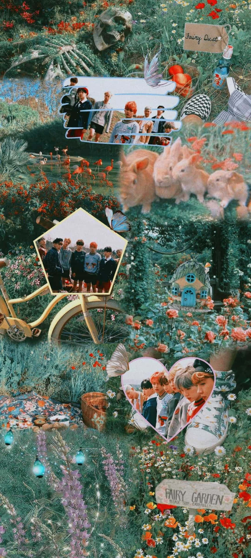 夢幻仙境花園，有兔子、花朵和K-pop偶像照片，在夢幻般的魔法森林中。
