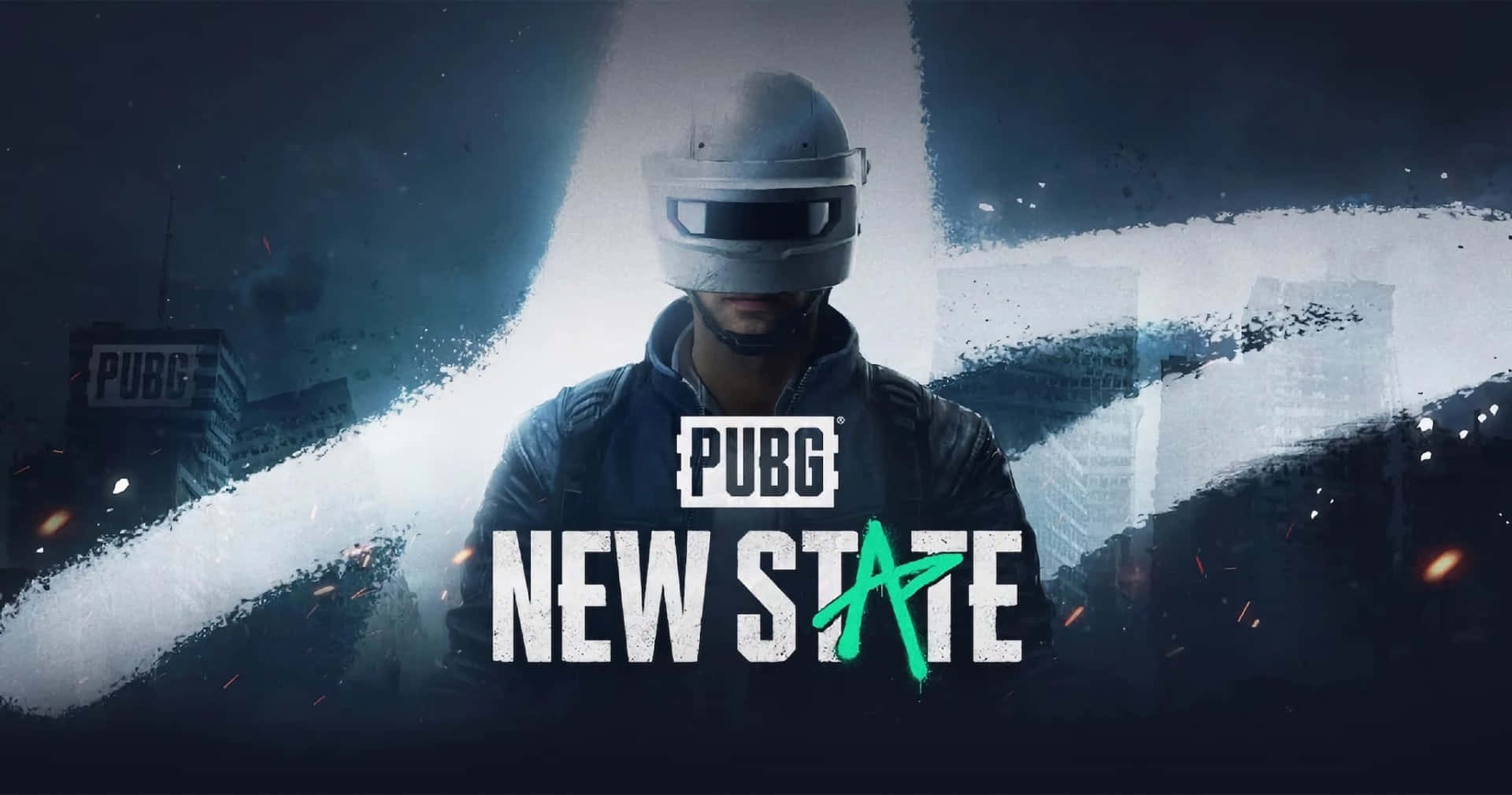 Krafton PUBG 新狀態 風景向壁紙 壁紙 — 一名戴頭盔的士兵站在黑暗的城市背景下，伴隨著發光的火花和 PUBG New State 標誌。