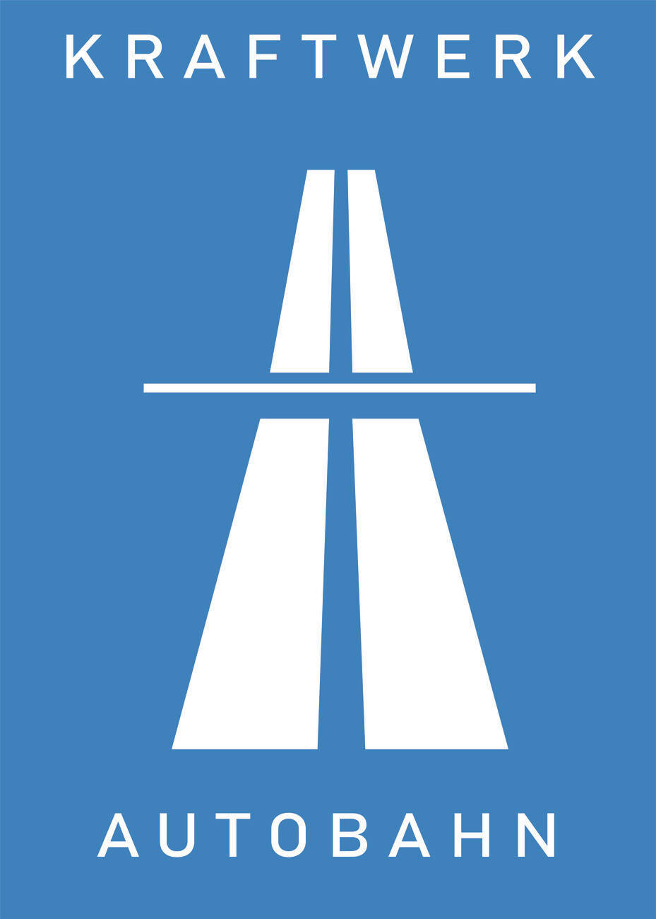 Kraftwerk《Autobahn》專輯 壁紙 — 一個簡約的藍色背景，有一條白色風格化的高速公路向頂部匯聚，並帶有「KRAFTWERK」和「AUTOBAHN」文字。