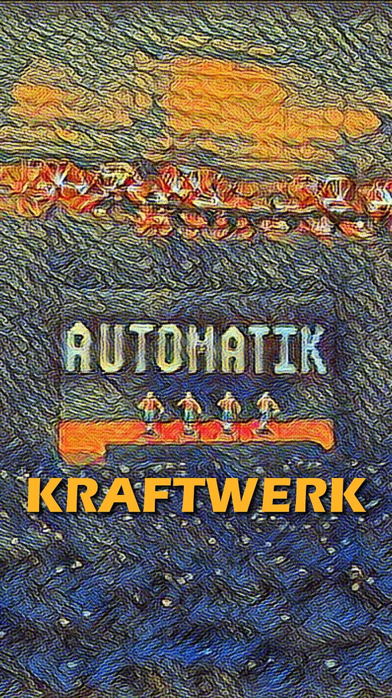 Kraftwerk《Automatik》藍色海報 壁紙 — Kraftwerk 的 Automatik 風格化專輯封面，在紋理藍色和橙色背景上，紅色平台上站著四個人像。