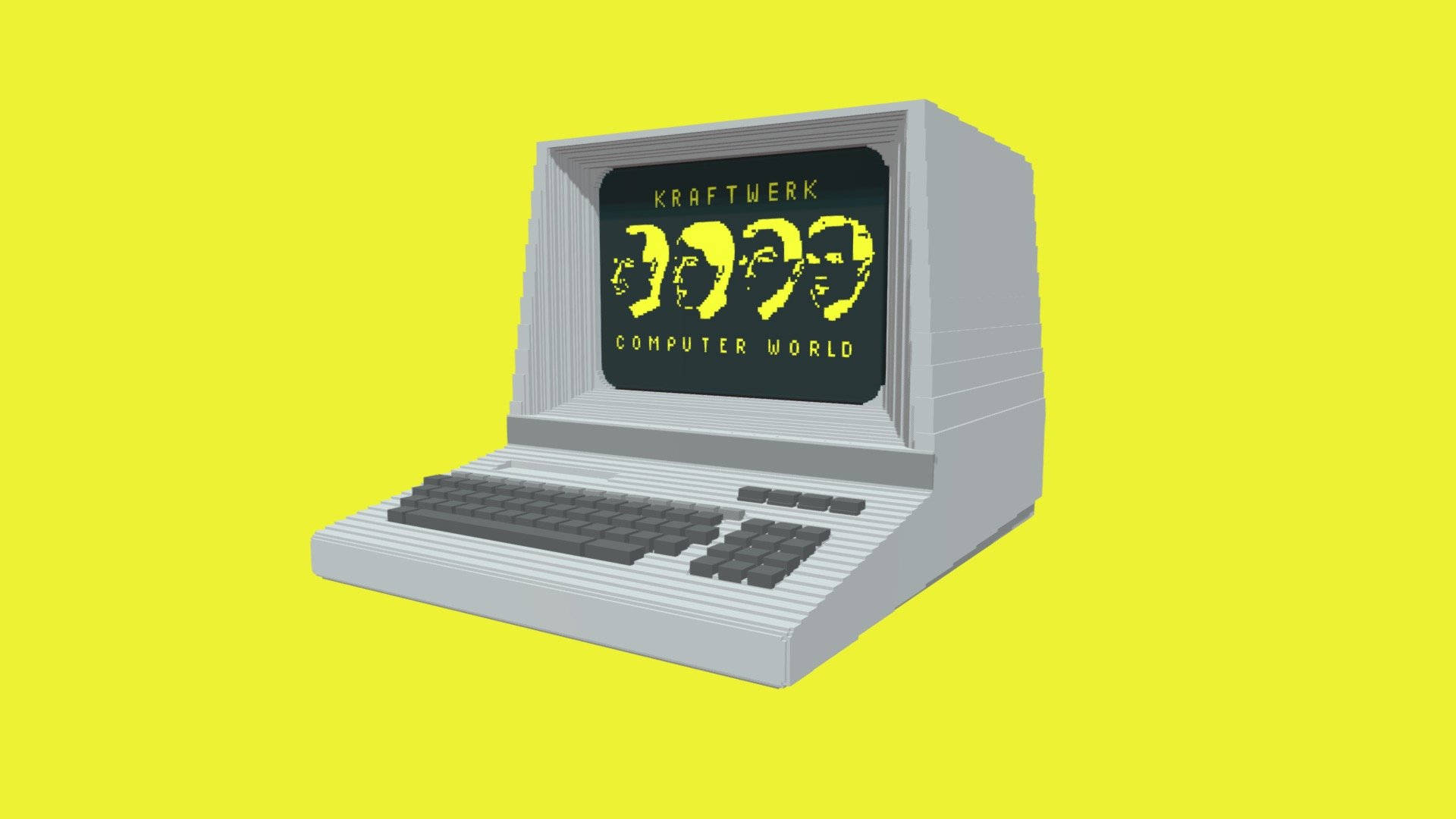 Kraftwerk《Computer World》專輯封面 壁紙 — 一部復古灰色電腦，屏幕顯示Kraftwerk的《Computer World》專輯藝術，背景為亮黃色。