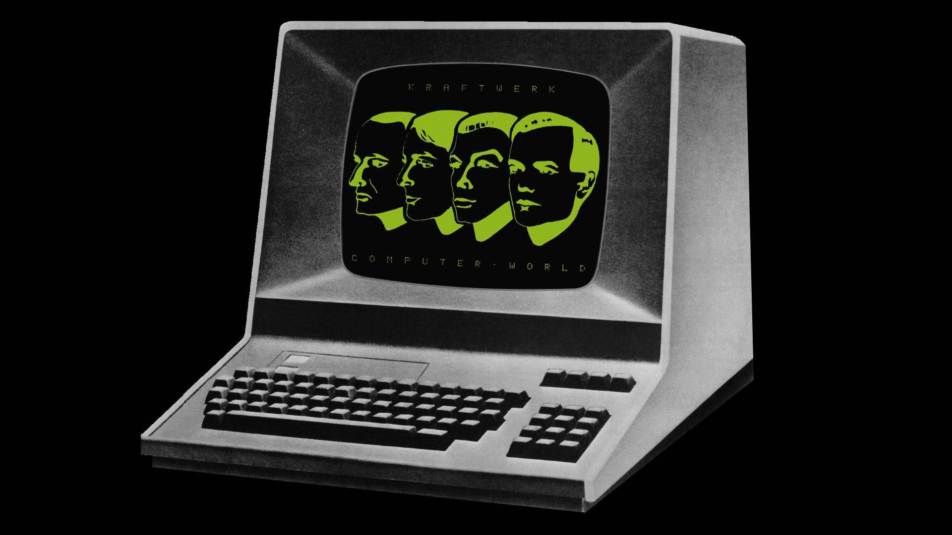 Kraftwerk Computer World 黑底版 壁紙 — 復古電腦，屏幕上顯示發光的綠色Kraftwerk面孔，背景為黑色。