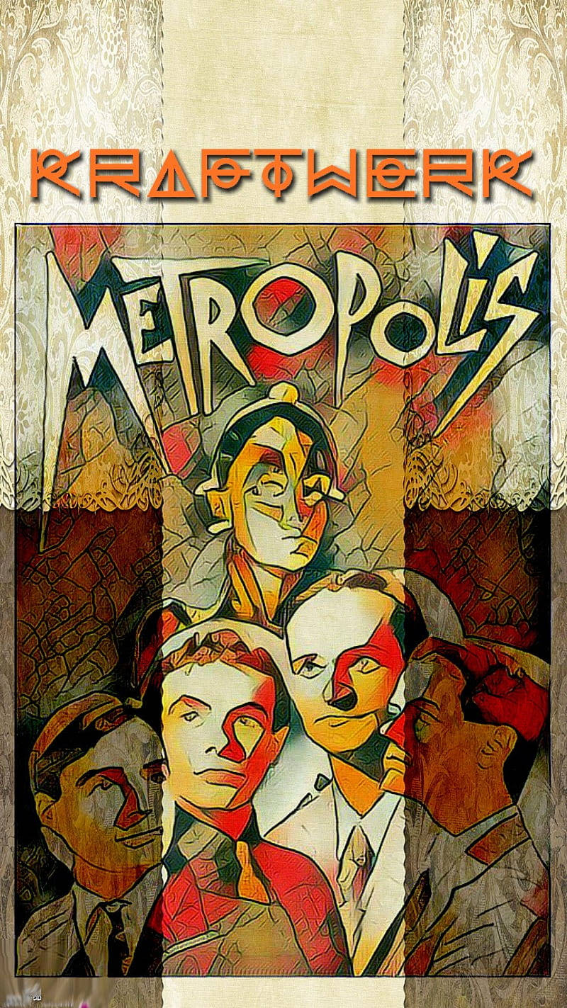 Kraftwerk《Metropolis》海報 壁紙 — Kraftwerk 專輯《Metropolis》的復古海報藝術，以溫暖色調的風格化面孔配以紋理背景。
