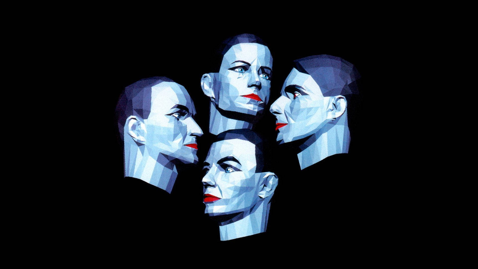 Kraftwerk《Techno Pop》專輯封面 壁紙 — 四個風格化的藍色面孔，帶有紅唇，在黑色背景上朝不同方向凝視。