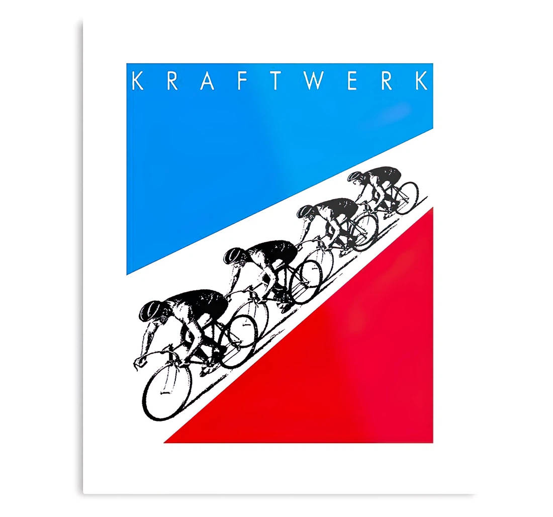 Kraftwerk 在《Tour De France》演唱會上的舞台表演 壁紙 — 四位單車手在搶眼的紅藍幾何背景上斜向競賽，上方有「KRAFTWERK」文字。