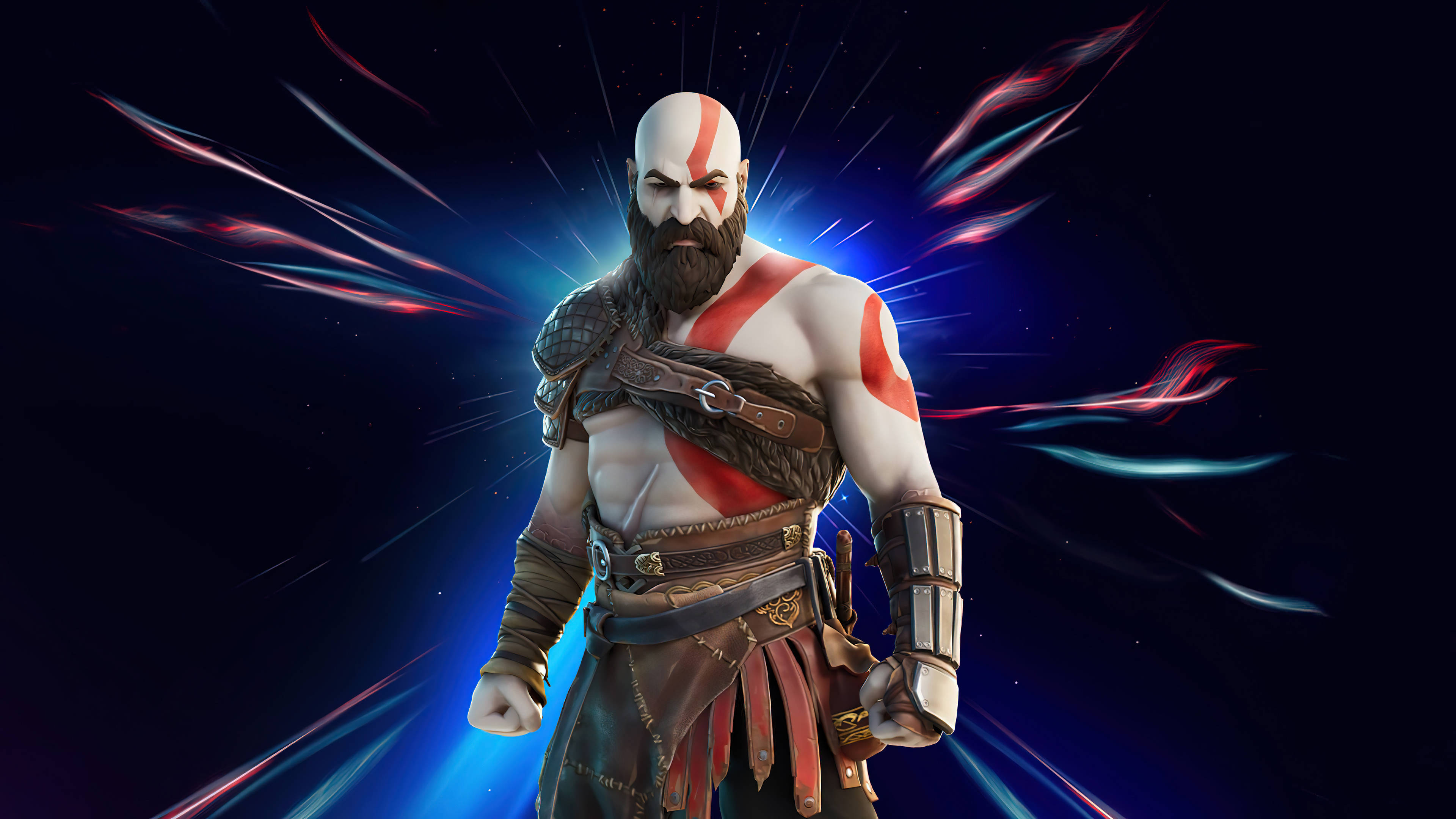 Kratos 無敵戰場造型 壁紙 — 《戰神》的克雷多斯在宇宙背景下強勢站立，藍色和紅色的發光能量條向外輻射。