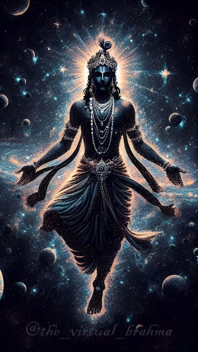 一位藍皮膚的神聖人物，有多隻手臂和皇冠，漂浮在星光燦爛的宇宙場景中，伴有發光的行星。