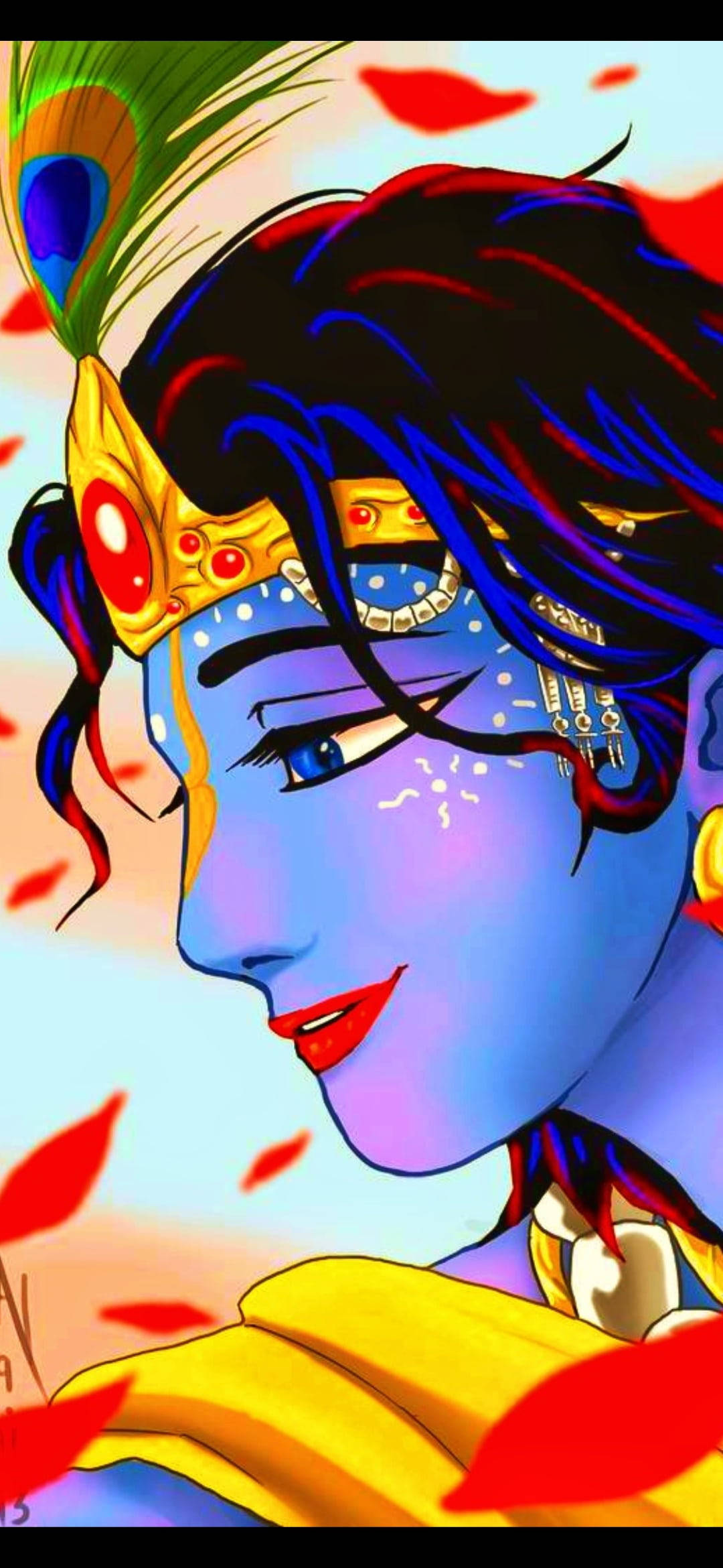 彩色高清嬰兒Krishna畫作 壁紙 — 一幅充滿活力的動漫風格肖像，描繪一位藍皮膚的神祇，擁有飄逸的深色頭髮，飾有孔雀羽毛和金色王冠，周圍飄落著紅色花瓣。