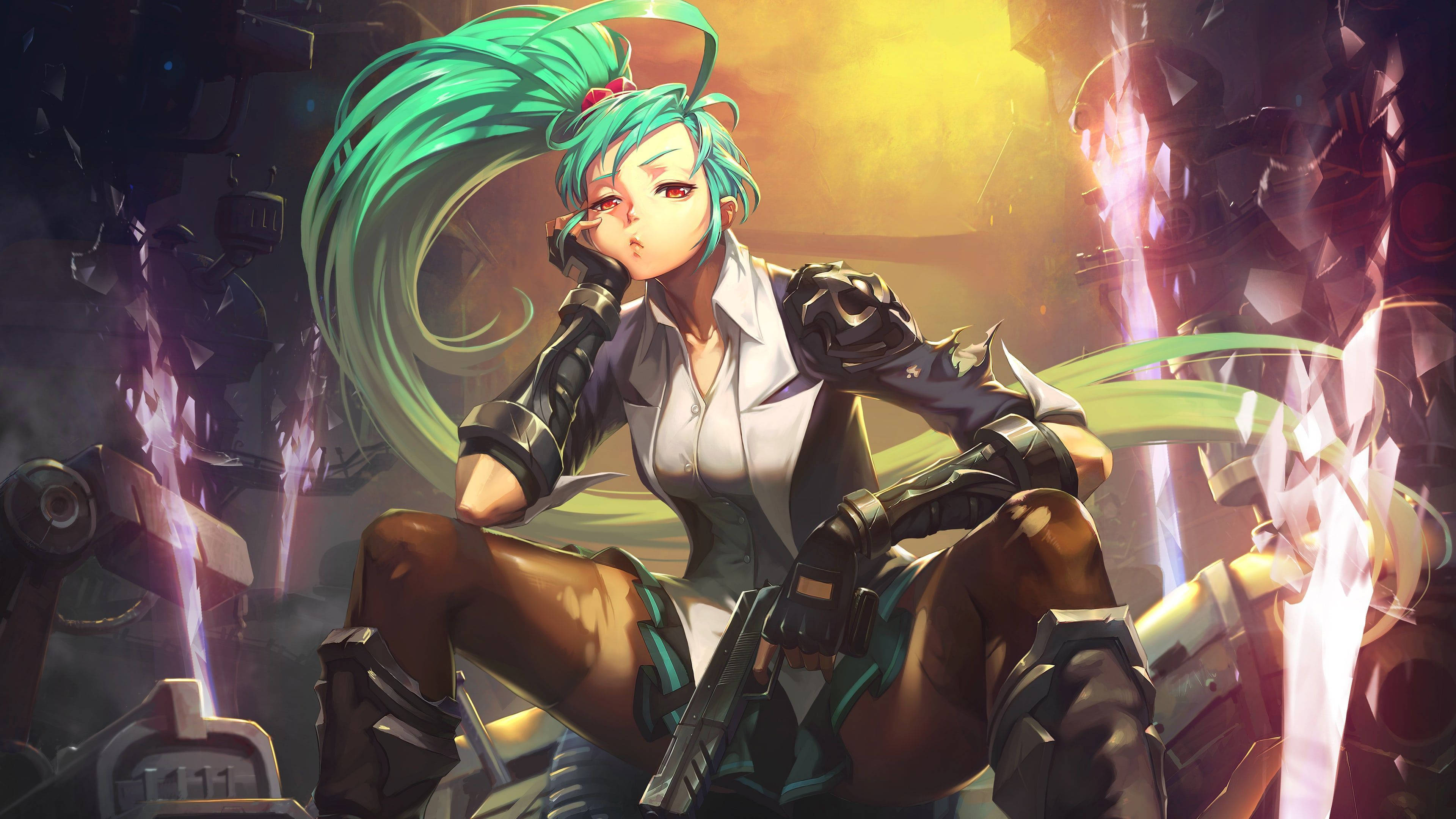 動漫遊戲《Kritika Reboot》綠髮角色 壁紙 — 一位青綠色頭髮的動漫女孩穿著戰鬥裝備，在溫暖的金色光芒下自信地坐在發光的機械廢墟中。
