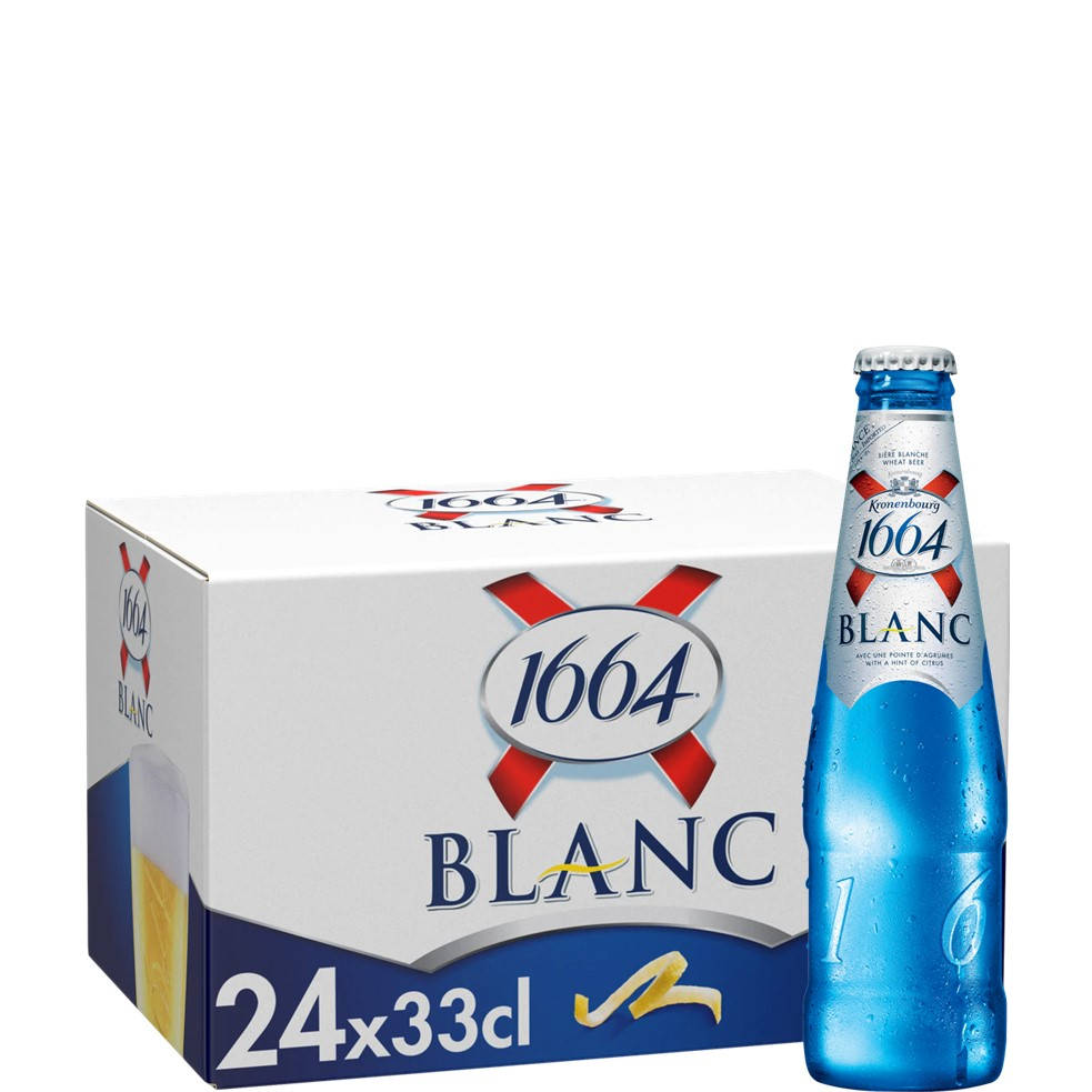 冰凍的1664 Blanc啤酒瓶旁邊是24瓶裝的盒子。