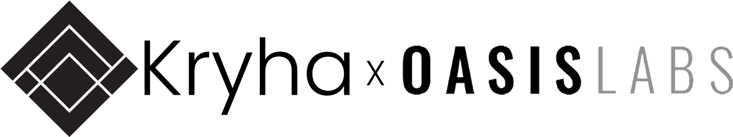 Kryha 與 OASIS LABS 合作標誌 壁紙 — Oasis Labs 的簡約黑白標誌，帶有幾何鑽石圖標和風格化文字。