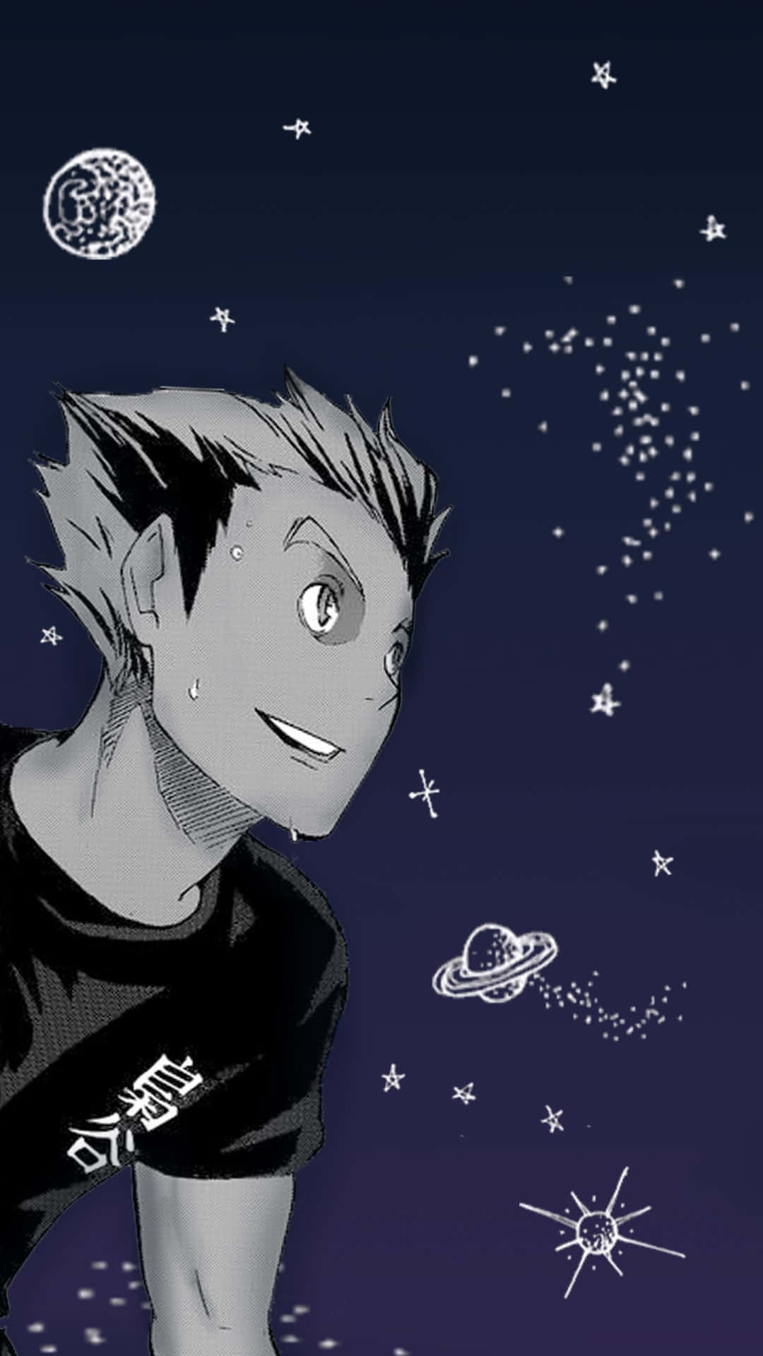 動漫男孩在佈滿行星和宇宙塵埃的星空下微笑。