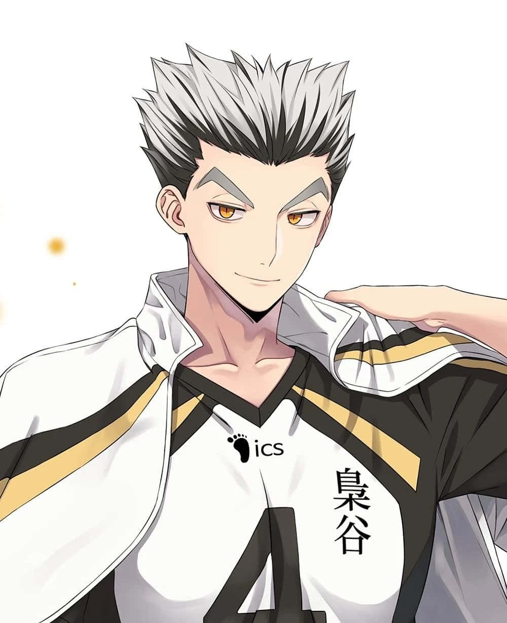 動漫男性排球運動員穿著隊服，銀髮和琥珀色眼睛。