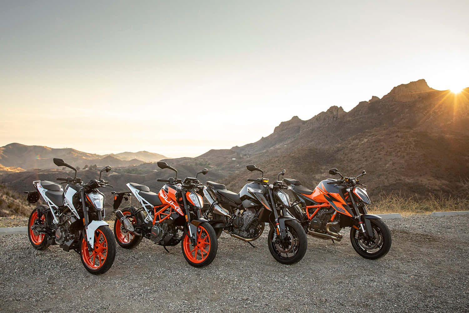 KTM Duke - 驚心刺激的騎乘體驗！ 壁紙 — 四輛橙色輪胎的運動電單車在碎石路上排列，背景是黃金時刻陽光照射的沙漠山脈。