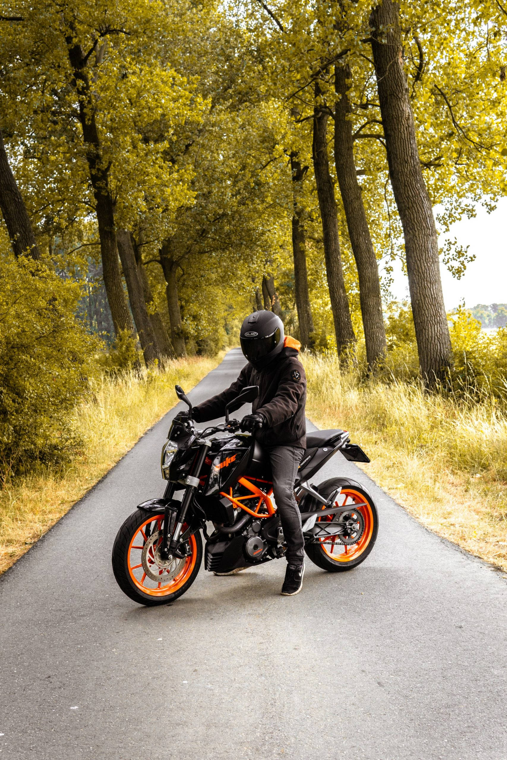 森林道路騎行 KTM iPhone 壁紙 — 一名身穿黑色裝備的電單車手，騎著帶有橙色點綴的KTM電單車，行駛在樹木成行的秋日道路上。