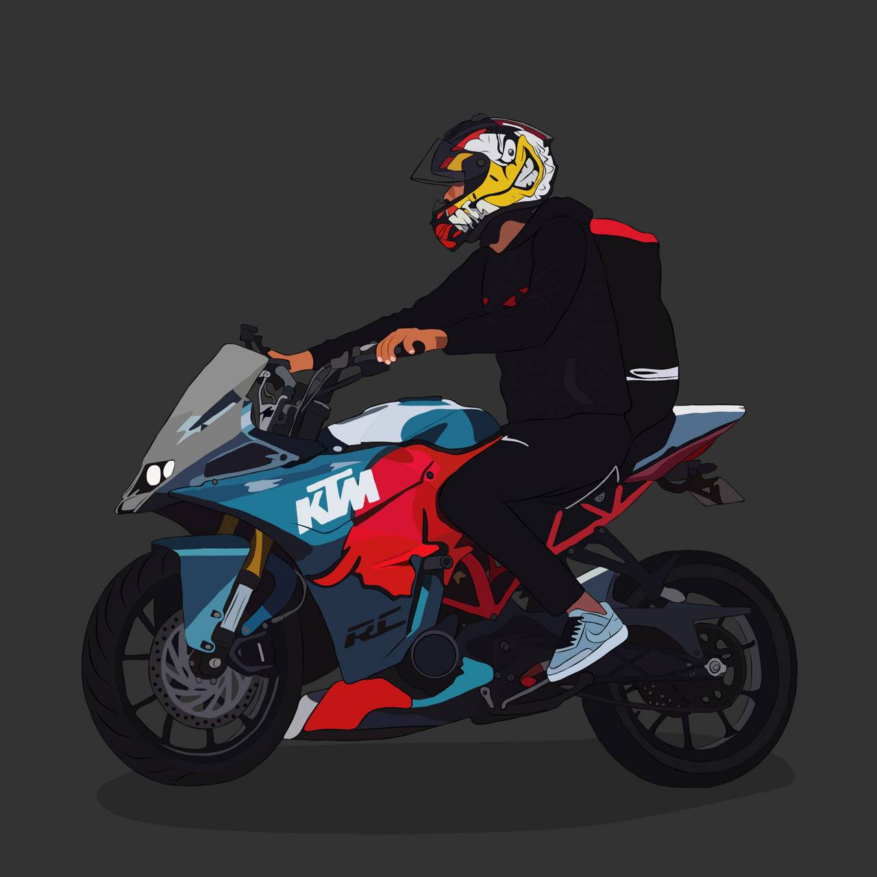 KTM RC 200數位藝術 壁紙 — 一名戴著彩色頭盔和黑色連帽衫的騎手跨坐在一輛藍、紅、白色的KTM RC電單車上，背景為深灰色。