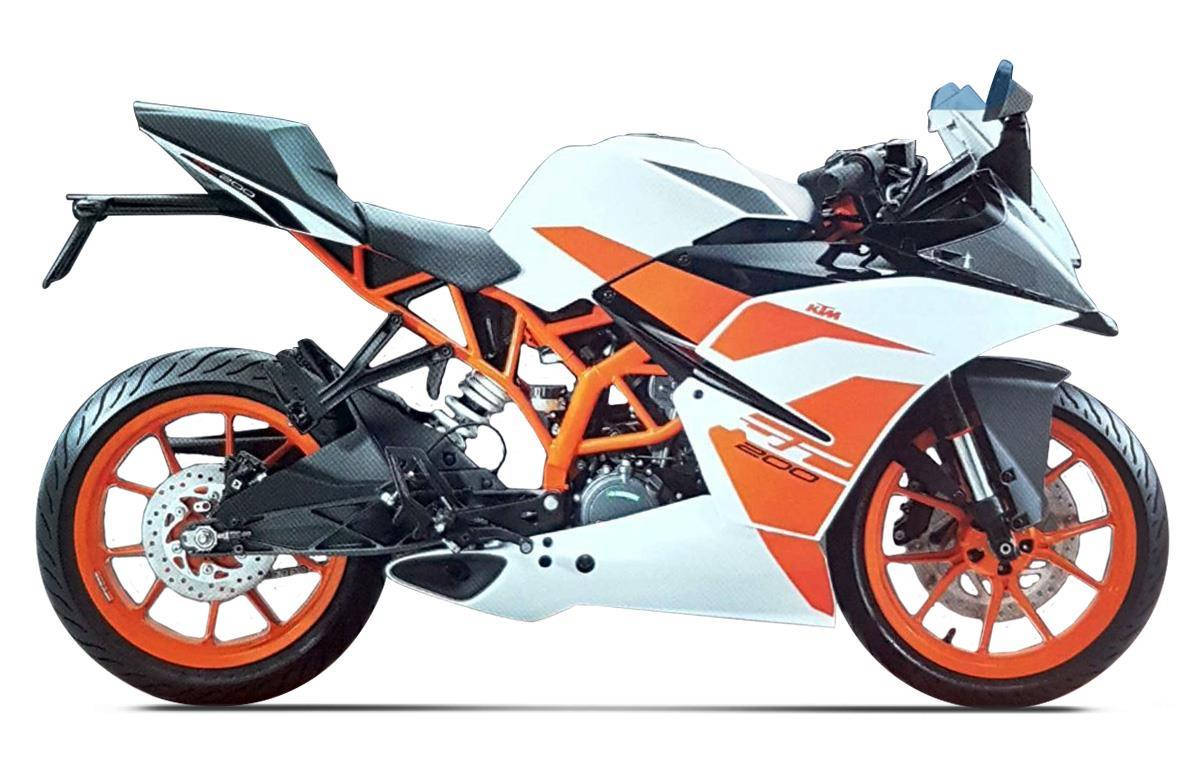 KTM RC 200 姿態展示 壁紙 — 一輛在攝影棚燈光下展示的白色和橙色KTM RC 200運動摩托車，帶有外露車架和碳纖維飾件。