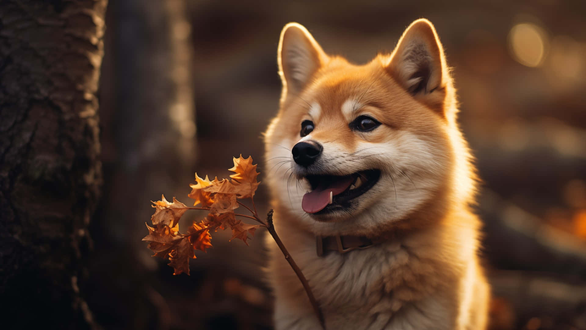  壁紙 — 一隻快樂的柴犬叼著一根帶有秋葉的樹枝，沐浴在樹旁溫暖的金色陽光中。