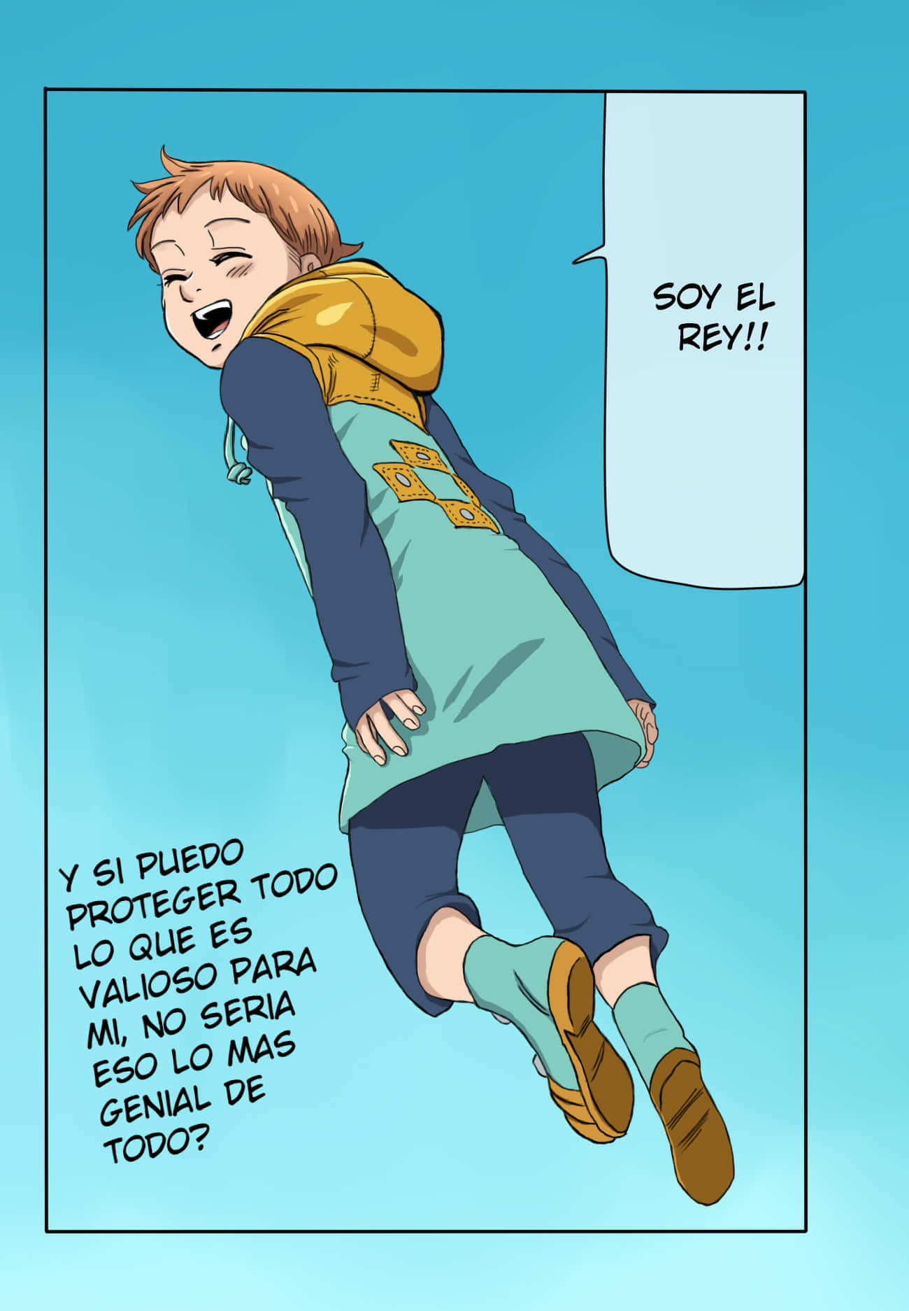 Seven Deadly Sins King 桌布 壁紙 — 一個快樂的動漫男孩穿著連帽衫，在純藍色背景上漂浮在半空中大笑，旁邊有西班牙語對話氣泡。