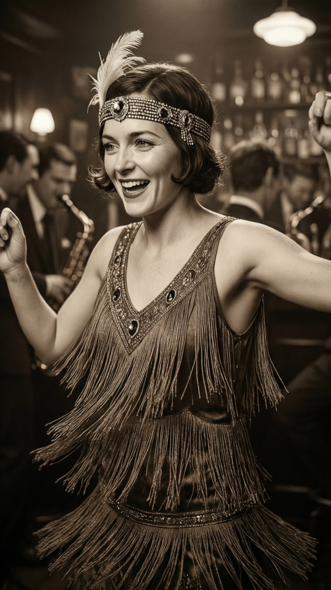Flapper Jazz Age 壁紙 — 一位快樂的飛女郎穿著流蘇裙和羽毛頭帶，在背景有薩克斯風手的秘密酒吧中盡情跳舞。