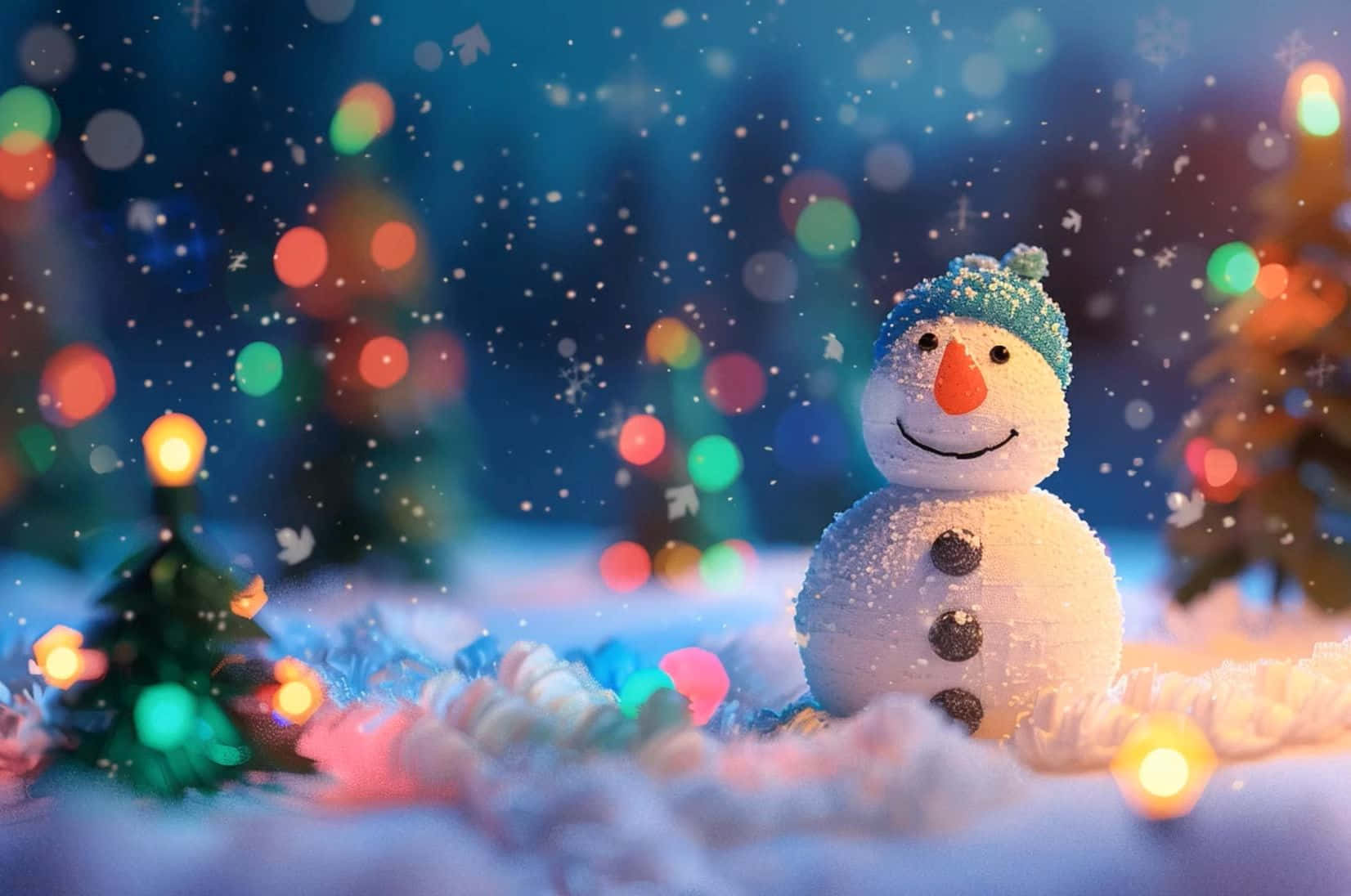 壁紙 — 一個戴藍色帽子的快樂雪人站在白雪皚皚的冬季風景中，周圍有彩色散景燈光和飄落的雪花。