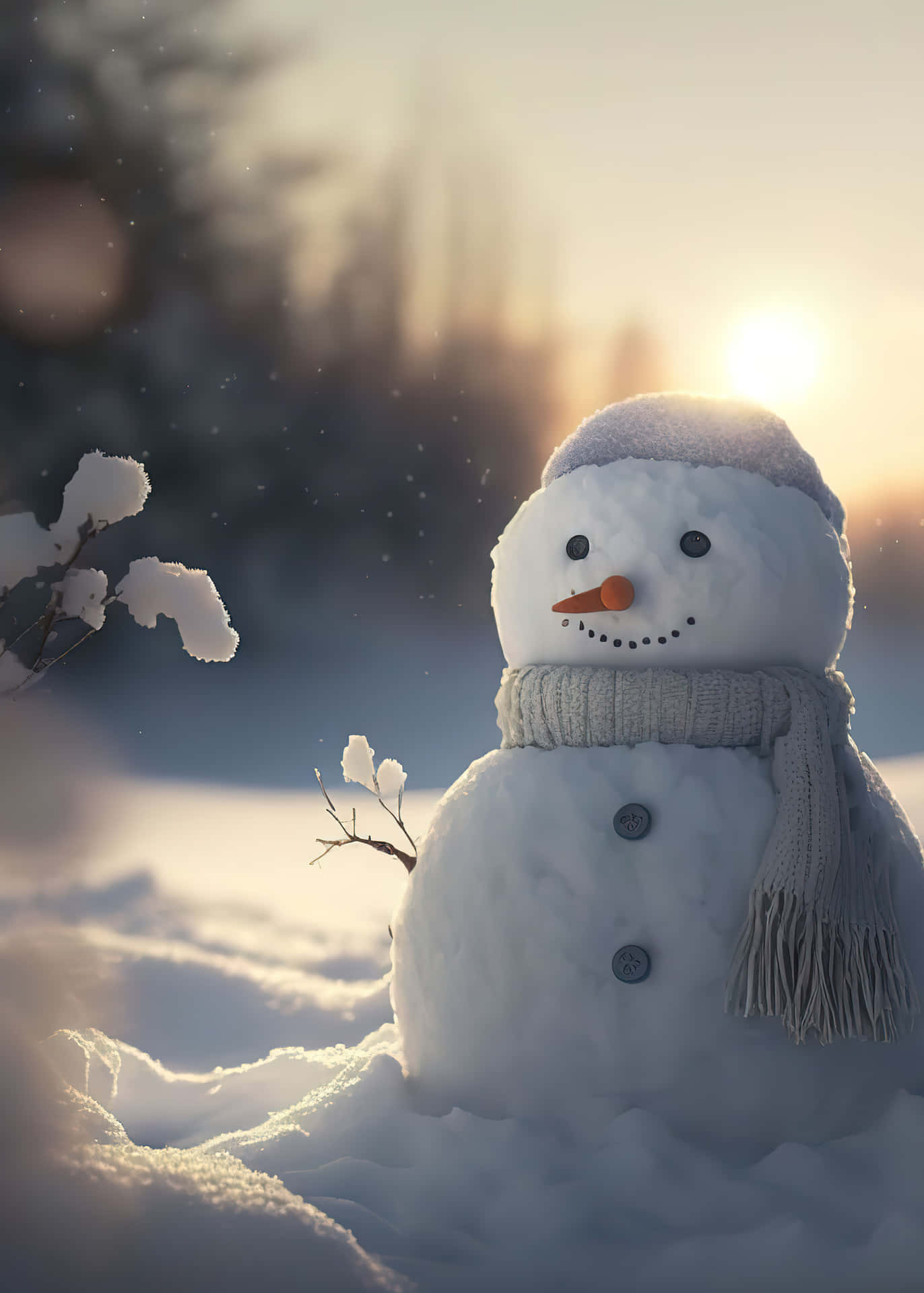  壁紙 — 一個戴著針織圍巾和帽子的快樂雪人站在雪地上，夕陽在模糊的樹木後落下。