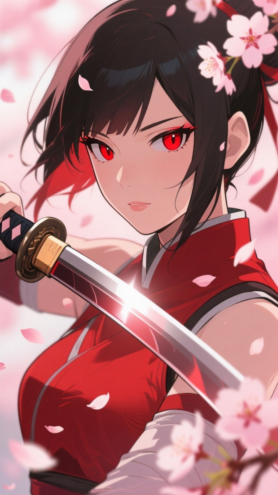 紅眼黑髮的動漫女孩，被櫻花環繞，握著武士刀。