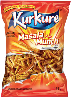 Kurkure 麻辣玉米片包裝 壁紙 — 鮮紅色嘅Kurkure Masala Munch零食薯片袋，金黃色辣味零食從頂部爆出。