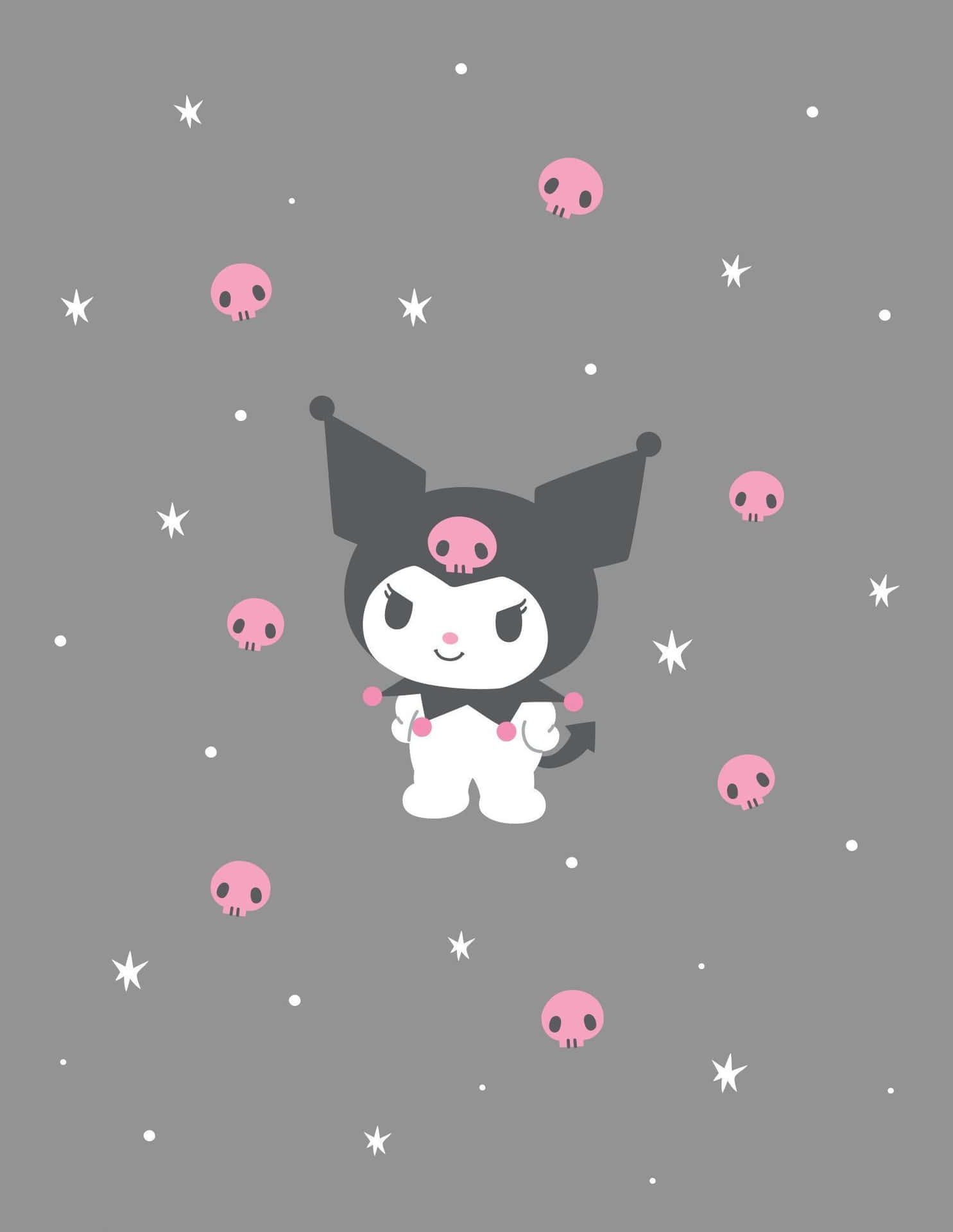 Kuromi iPhone 壁紙：骷髏與星星 壁紙 — 一個可愛的卡通角色，戴著黑色巫師帽和粉紅色骷髏裝飾，在灰色背景上的白色星星之間漂浮。