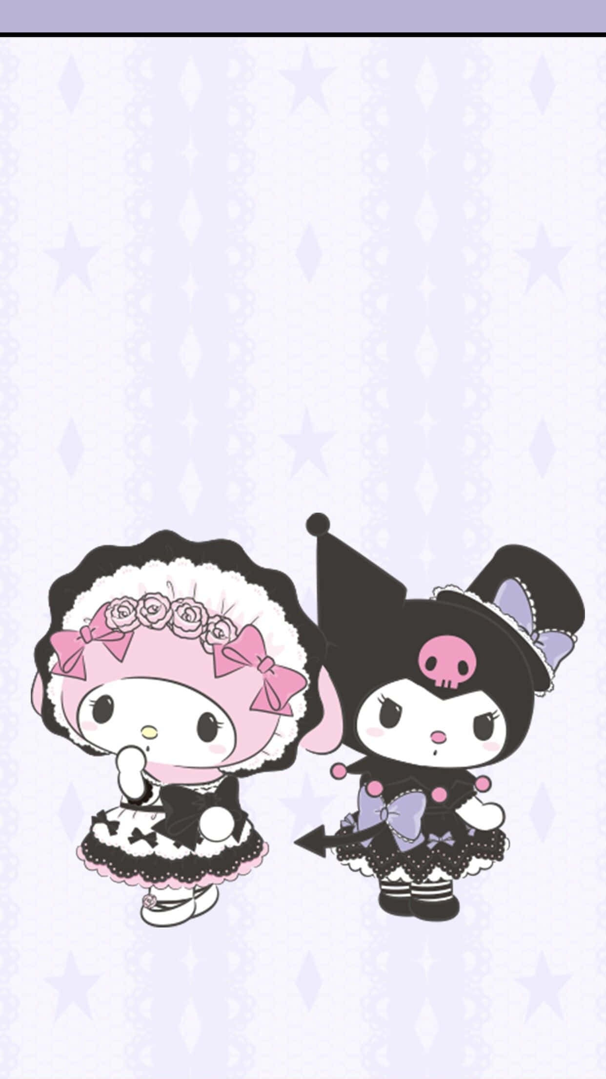Kuromi 與 My Melody 女僕裝 iPhone 壁紙 — 兩個可愛的動漫角色 My Melody 和 Kuromi 穿著哥德式蘿莉塔服裝，站在淺紫色星空壁紙前。