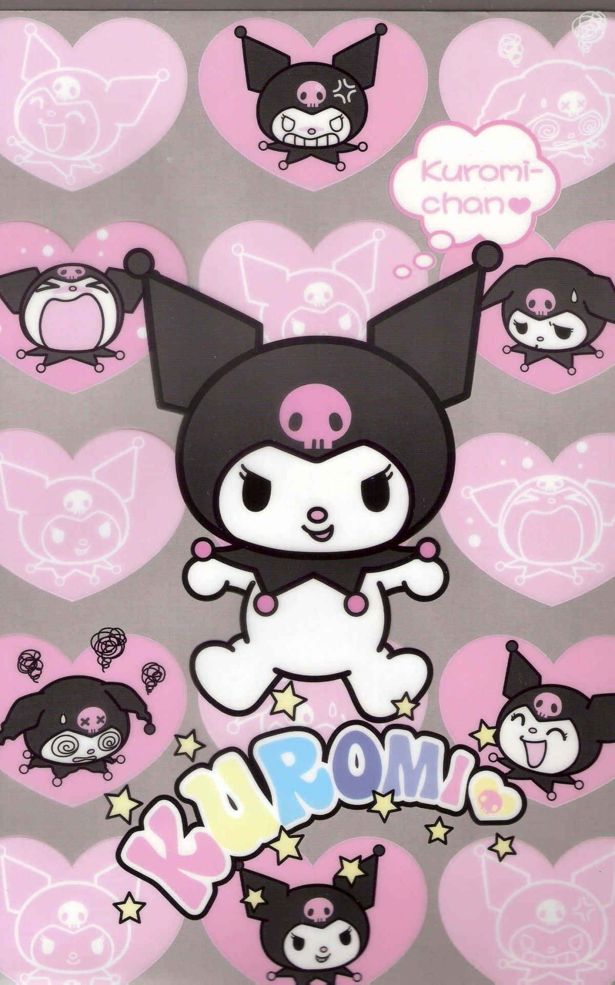 Kuromi Aesthetic 桌布 壁紙 — Kuromi 卡通角色，黑白配色，帶有粉紅色骷髏細節，被粉紅色心形環繞在灰色背景上。