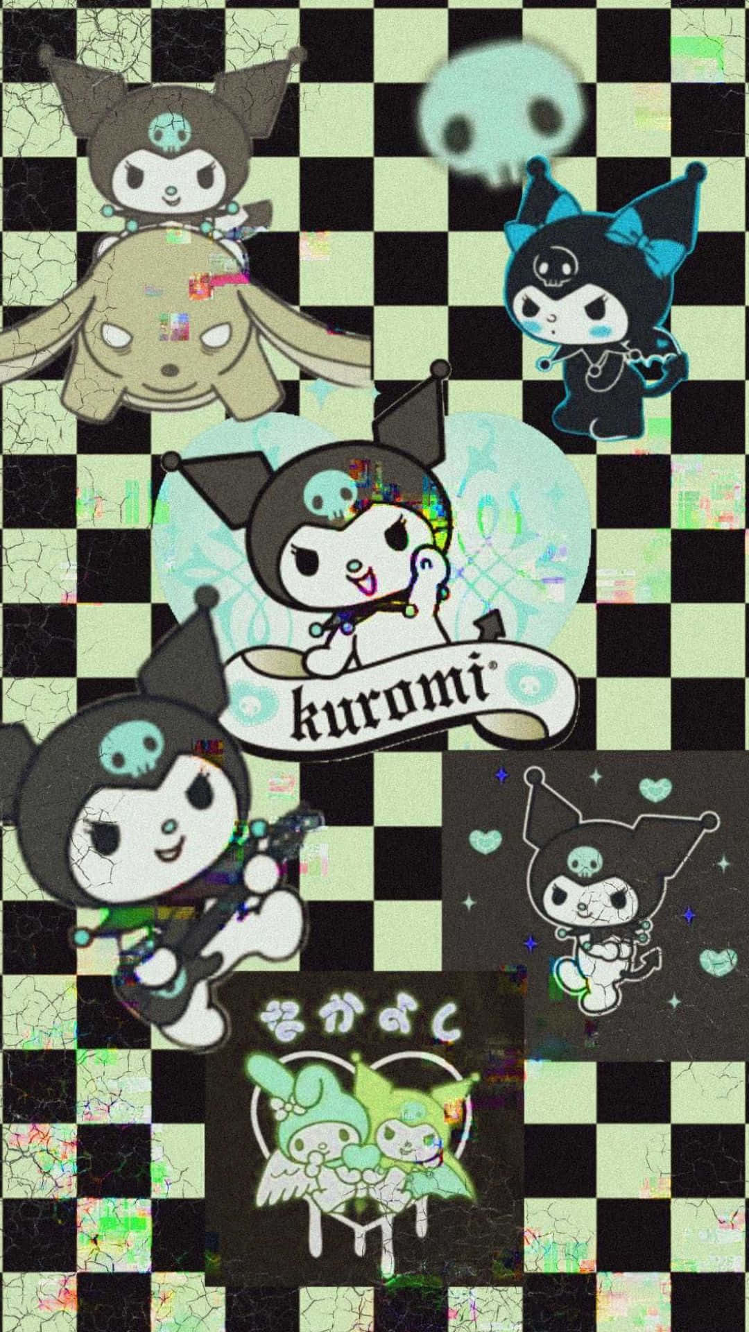 Kuromi Pattern 桌布 壁紙 — Kuromi 和朋友們漂浮在帶有裂紋紋理和鮮豔霓虹色調的故障棋盤格背景上。